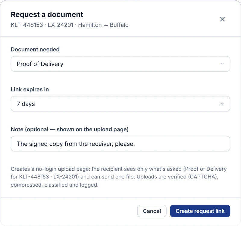 Request a document: Proof of Delivery for KLT-448153 · LX-24201, Hamilton to Buffalo, link expires in 7 days, note "The signed copy from the receiver, please." (demo data)