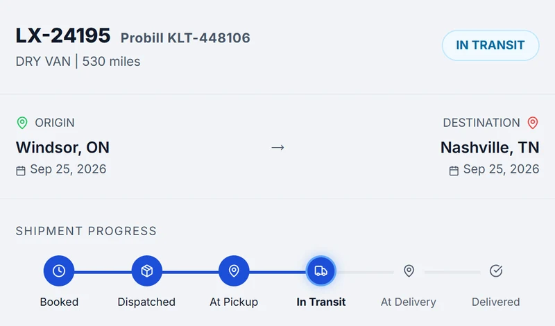 Public tracking card: a load in transit, with origin, destination and progress (demo data)
