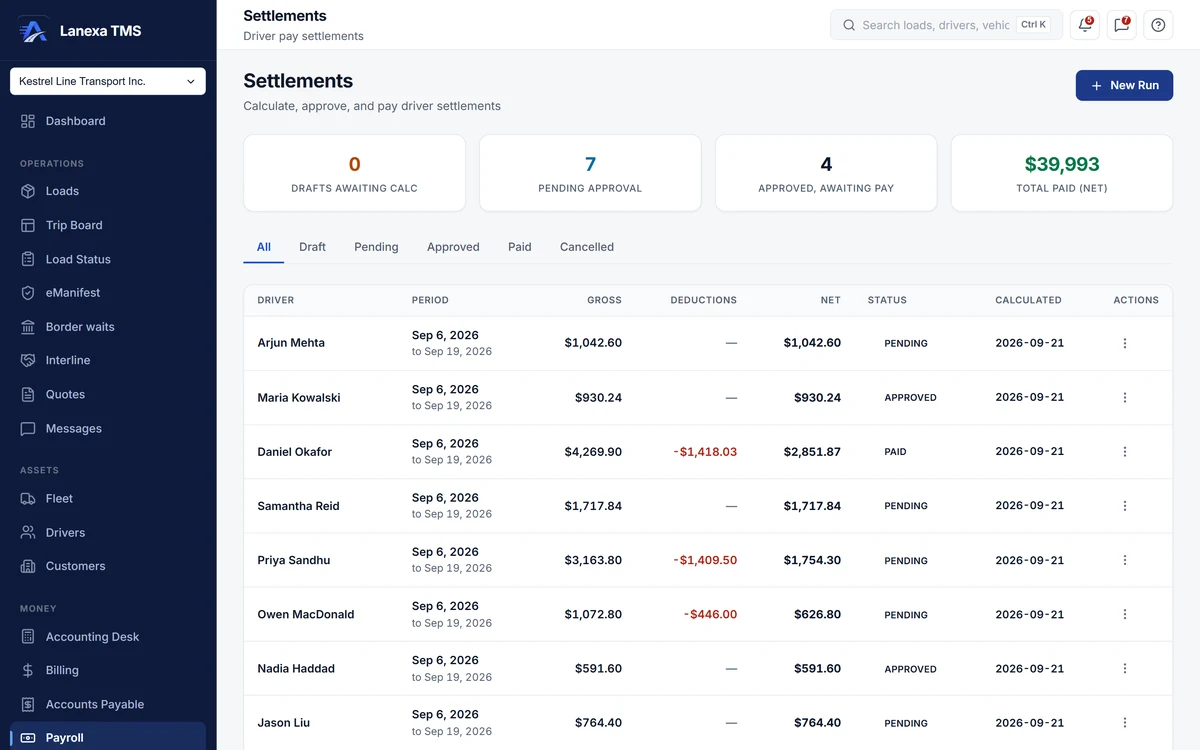 Driver settlements: runs pending approval, approved and paid, with gross, deductions and net for each driver (demo data)