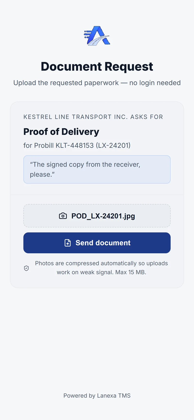 The driver's phone: Kestrel Line Transport asks for the Proof of Delivery for probill KLT-448153, no login needed; the POD photo is chosen and ready to send (demo data)