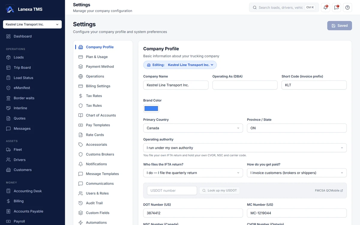 Company profile settings: operating authority, who files IFTA and how the company gets paid (demo data)